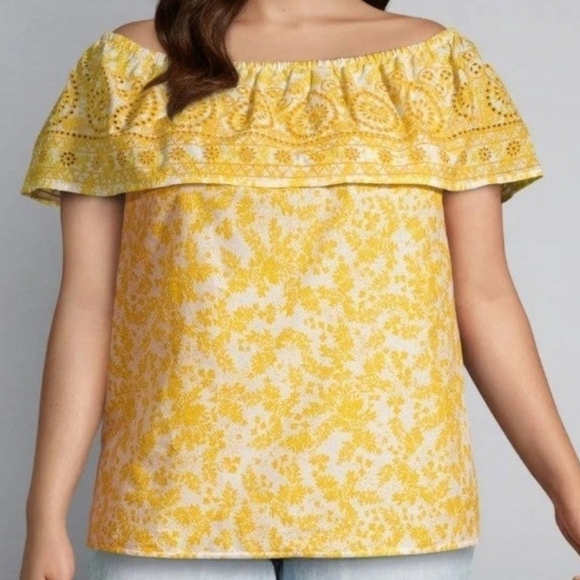 Lane Bryant Spring Romantic yellow 22/24 Flounce off shoulder eyelet floral top - Picture 1 of 9